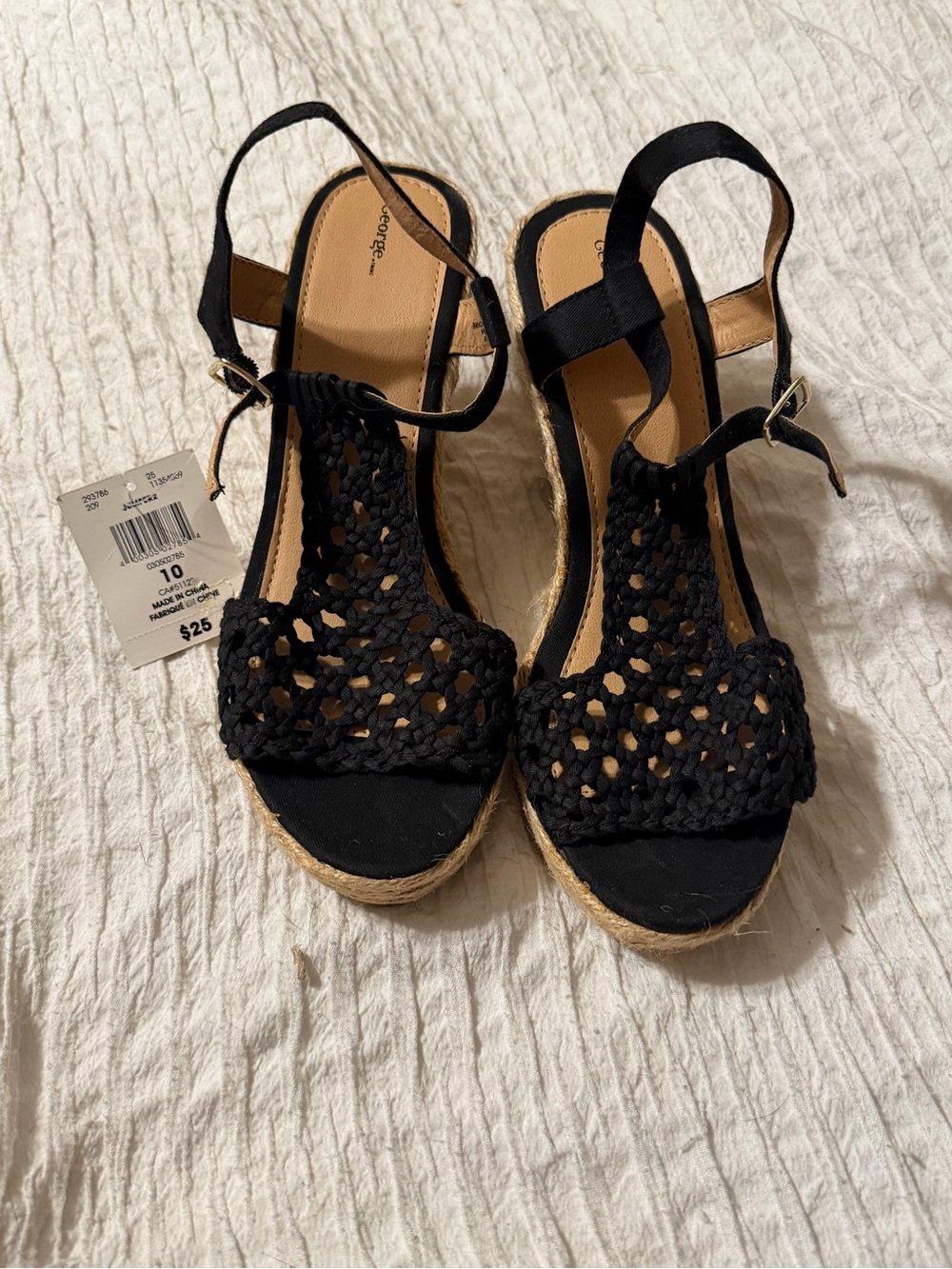 Black Woven Espadrille Wedge Sandals by George - Size 10